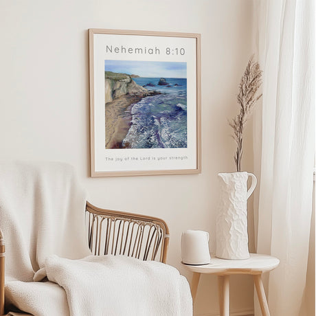 Inspirational Christian home décor print with ocean view and joyful scripture from the book of Nehemiah.