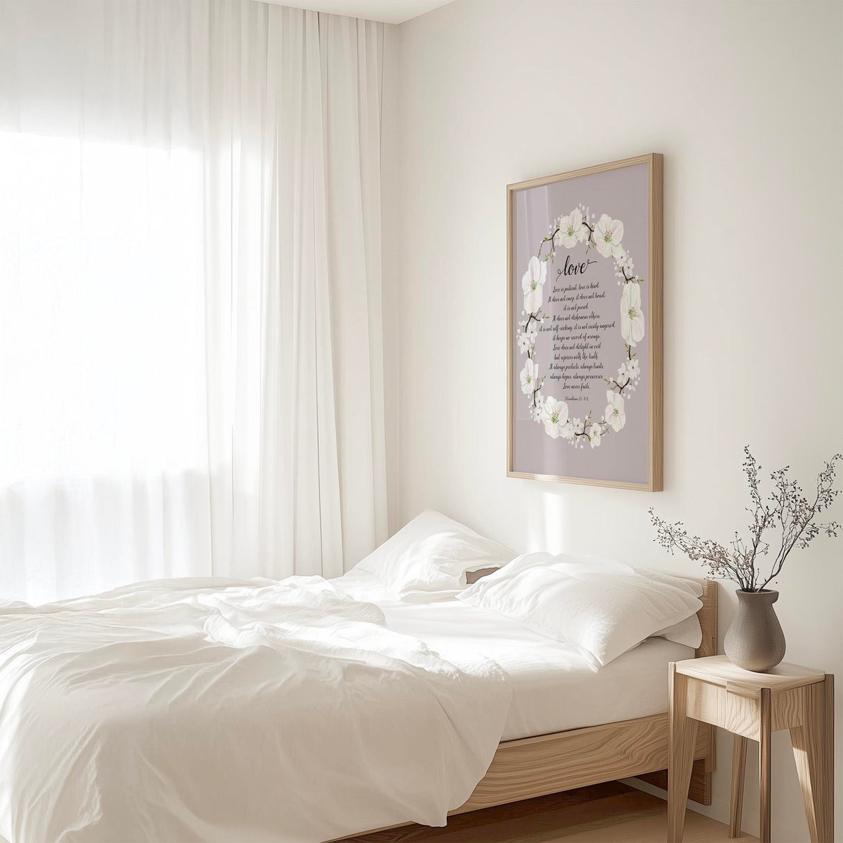 1 Corinthians 13:4–8 – Christian wall art print with floral wreath and calming grey background featuring the Bible verse about love.