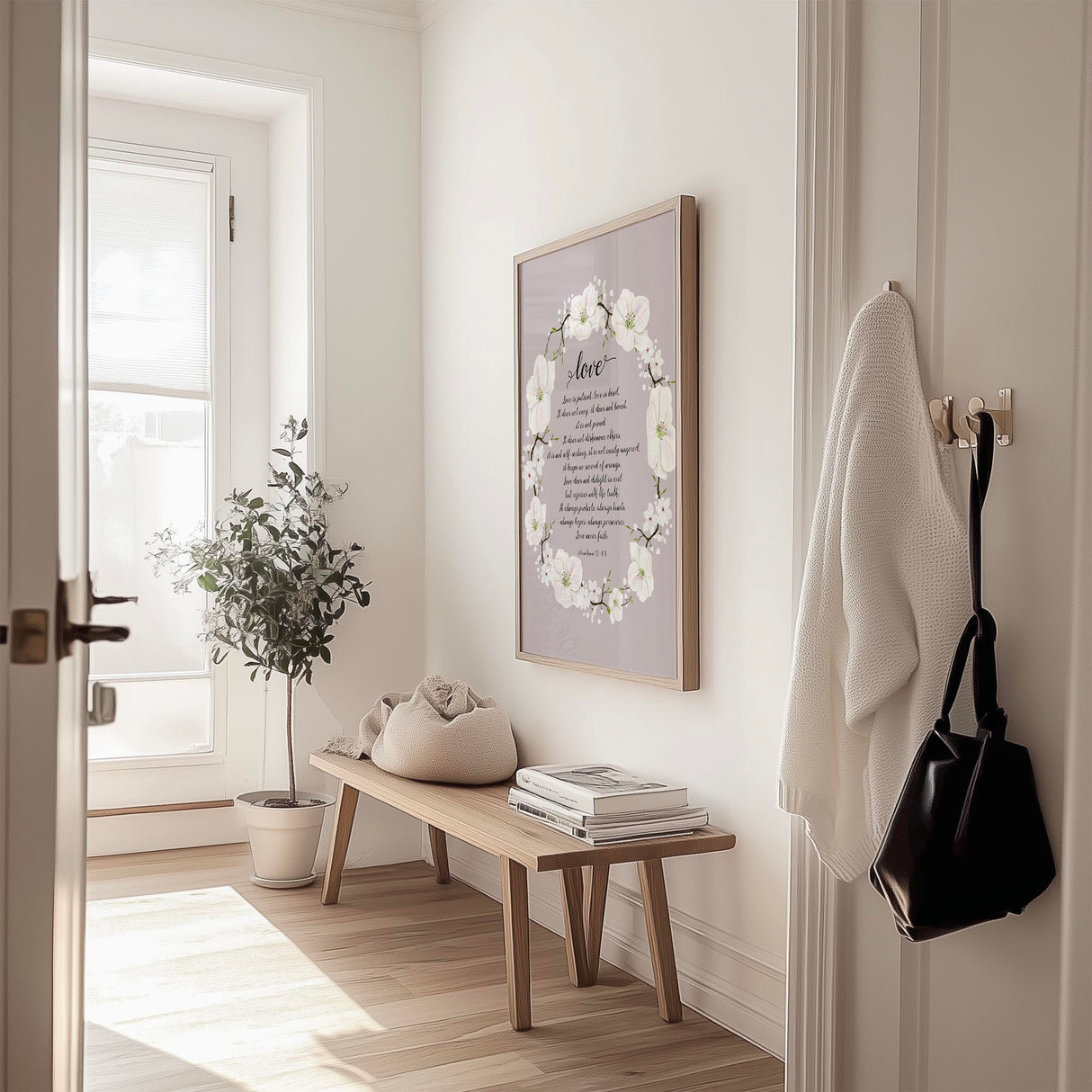 1 Corinthians 13:4–8 – Christian wall art with grey background and white floral wreath featuring the love scripture.