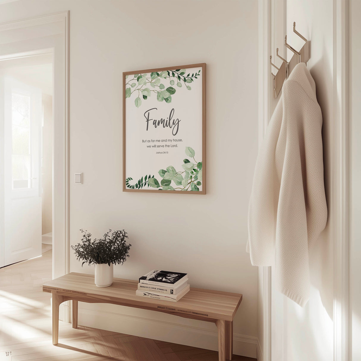 Christian wall art print featuring Joshua 24:15 with the words “But as for me and my house, we will serve the Lord,” framed by elegant botanical leaves.