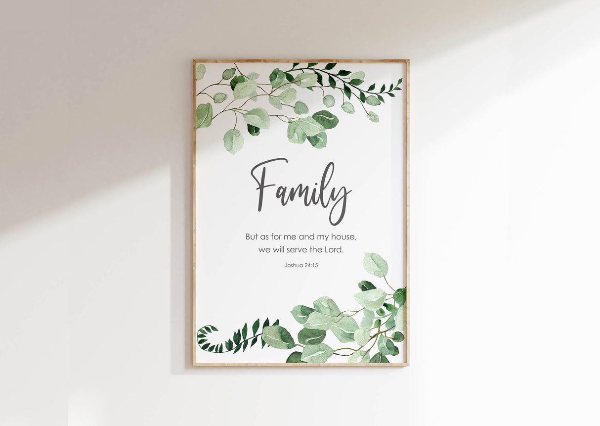 Bible verse wall art with Joshua 24:15, displaying a family faith quote surrounded by soft botanical leaf illustrations.