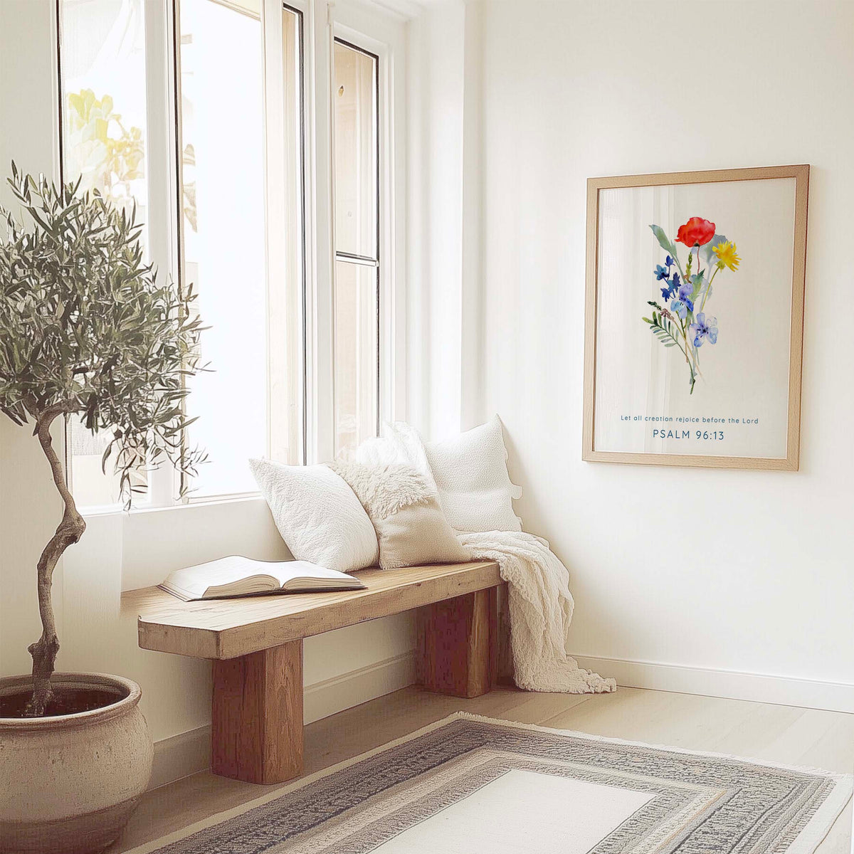 Psalm 96:13 - Let all creation rejoice Christian Bible verse wall art featuring soft floral watercolour design.