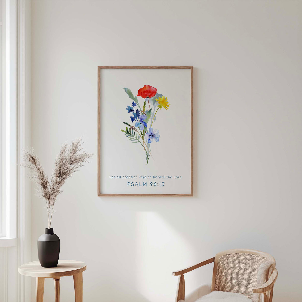Psalm 96:13 - Inspirational Christian wall art with delicate wildflowers and scripture celebrating creation rejoicing before the Lord.