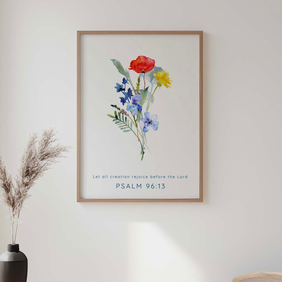 Psalm 96:13 - Inspirational Christian wall art with delicate wildflowers and scripture celebrating creation rejoicing before the Lord.