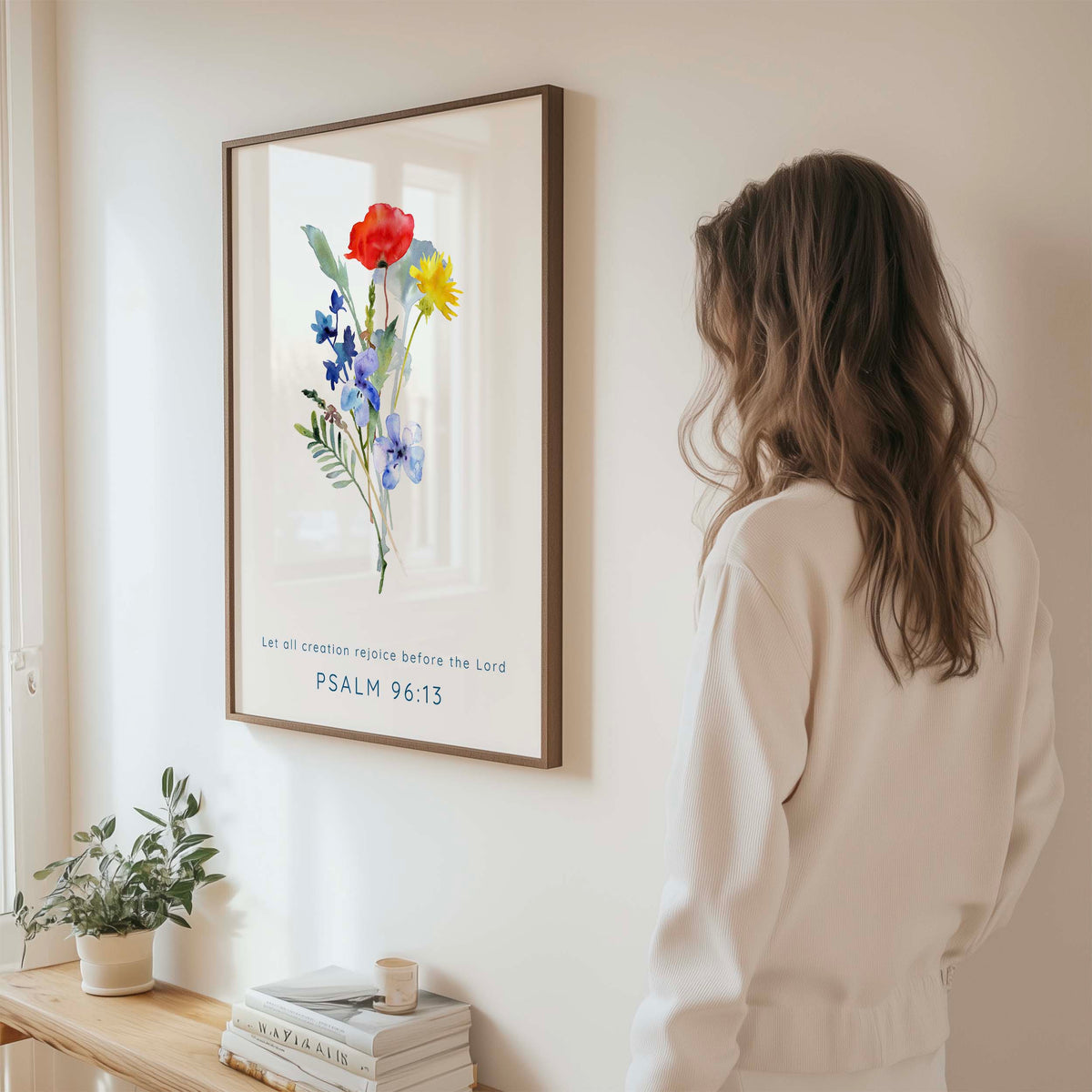Psalm 96:13 - Christian wall art print with watercolour wildflower bouquet and Bible verse Let all creation rejoice before the Lord.