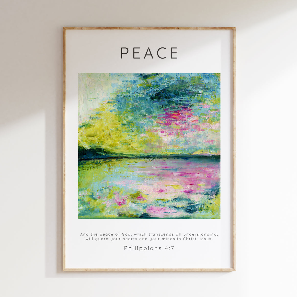 Peace Philippians 4:7 Bible verse wall art print with ocean painting.