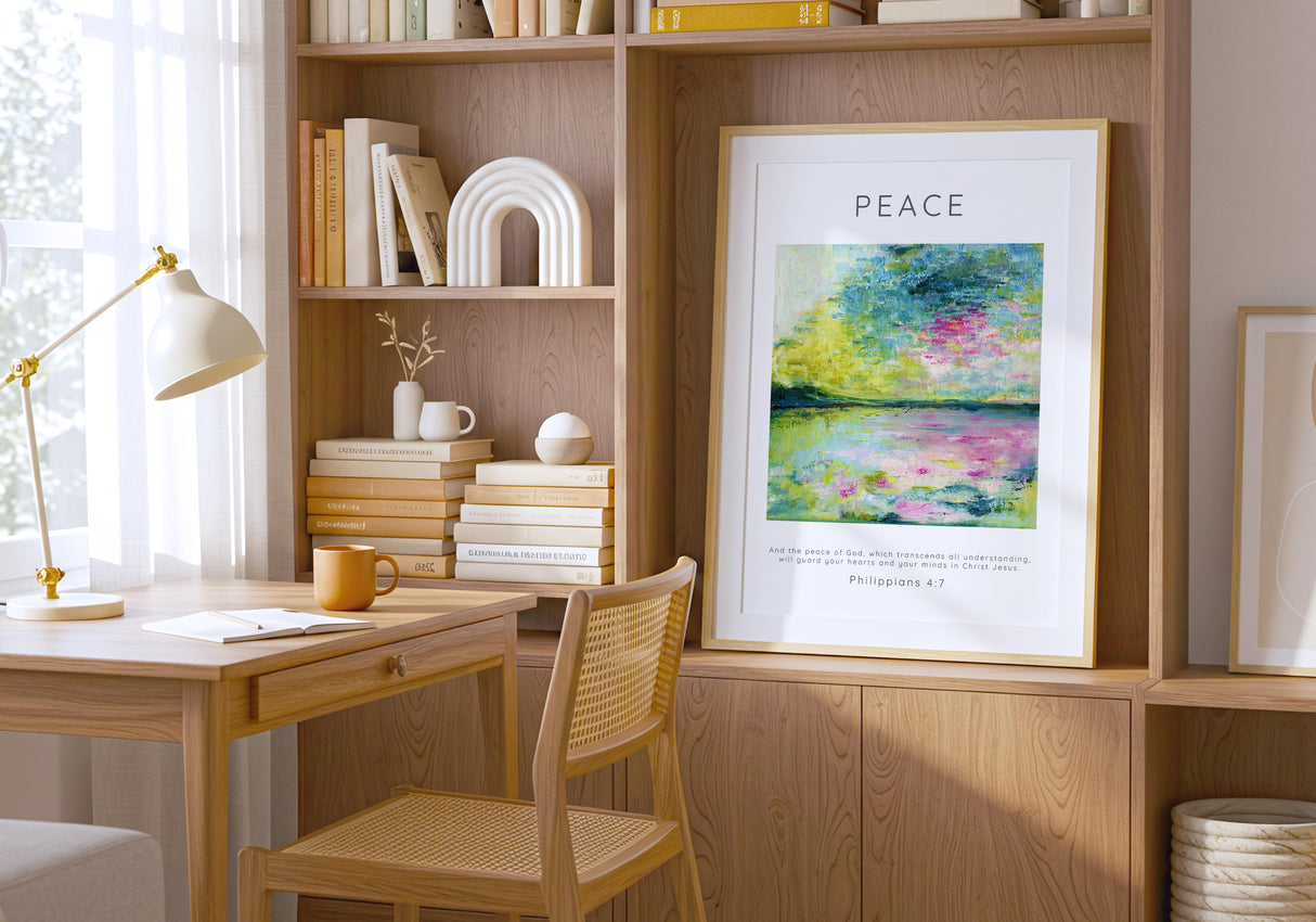 Christian home decor print with tranquil sea background.