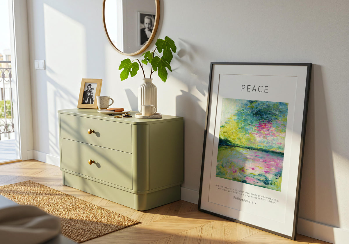 Bible verse wall art with abstract seascape by artist Kate Shephard.