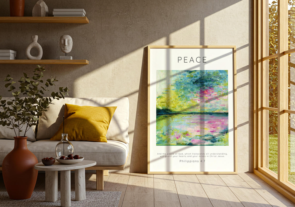 Scripture art print on paper inspired by Echoes In Still Water painting.