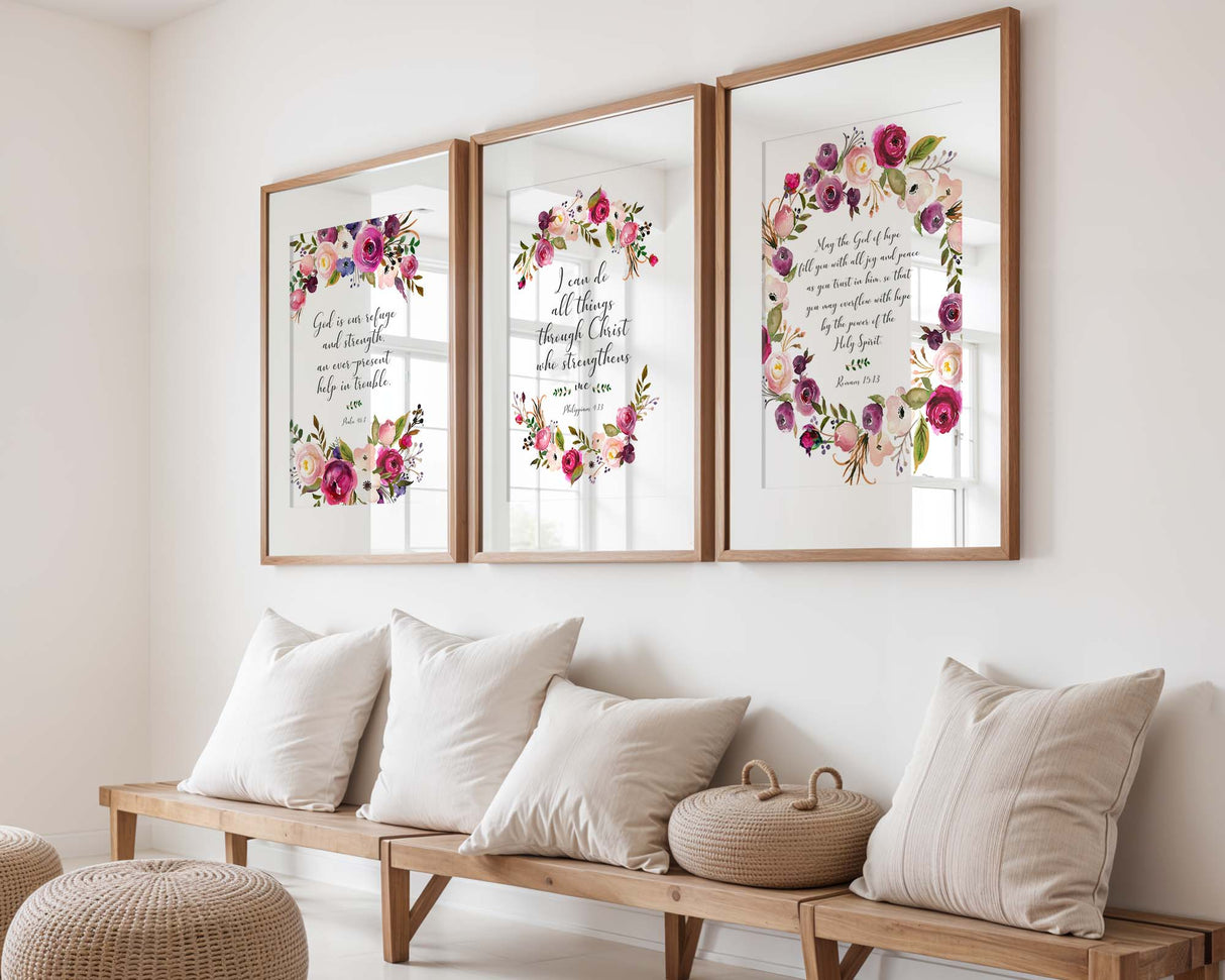 Psalm 46:1 - Comforting Christian wall art with floral design, God is our refuge and strength Bible verse decor.