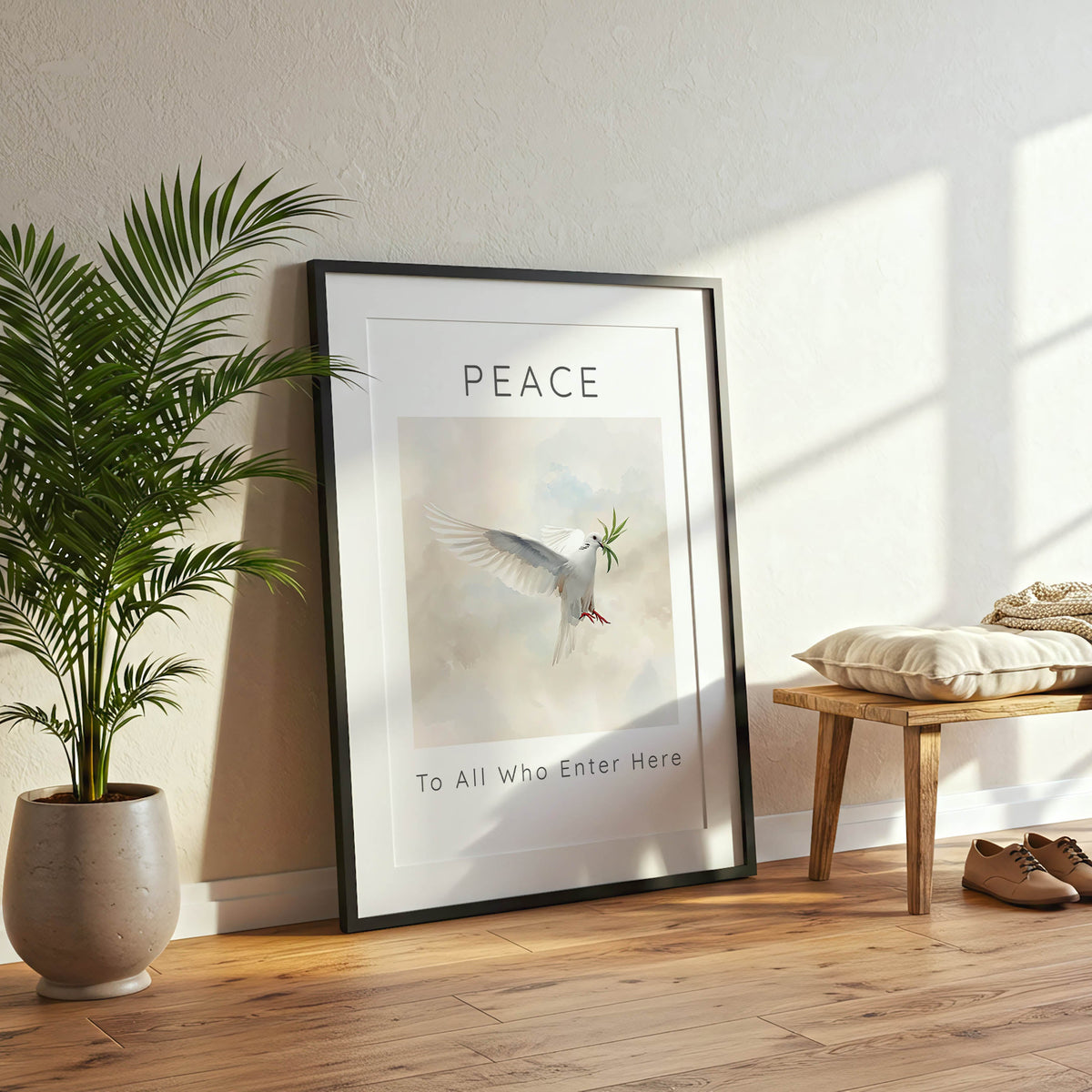 Peace To All Who Enter Here – Dove artwork creating peaceful atmosphere in home.