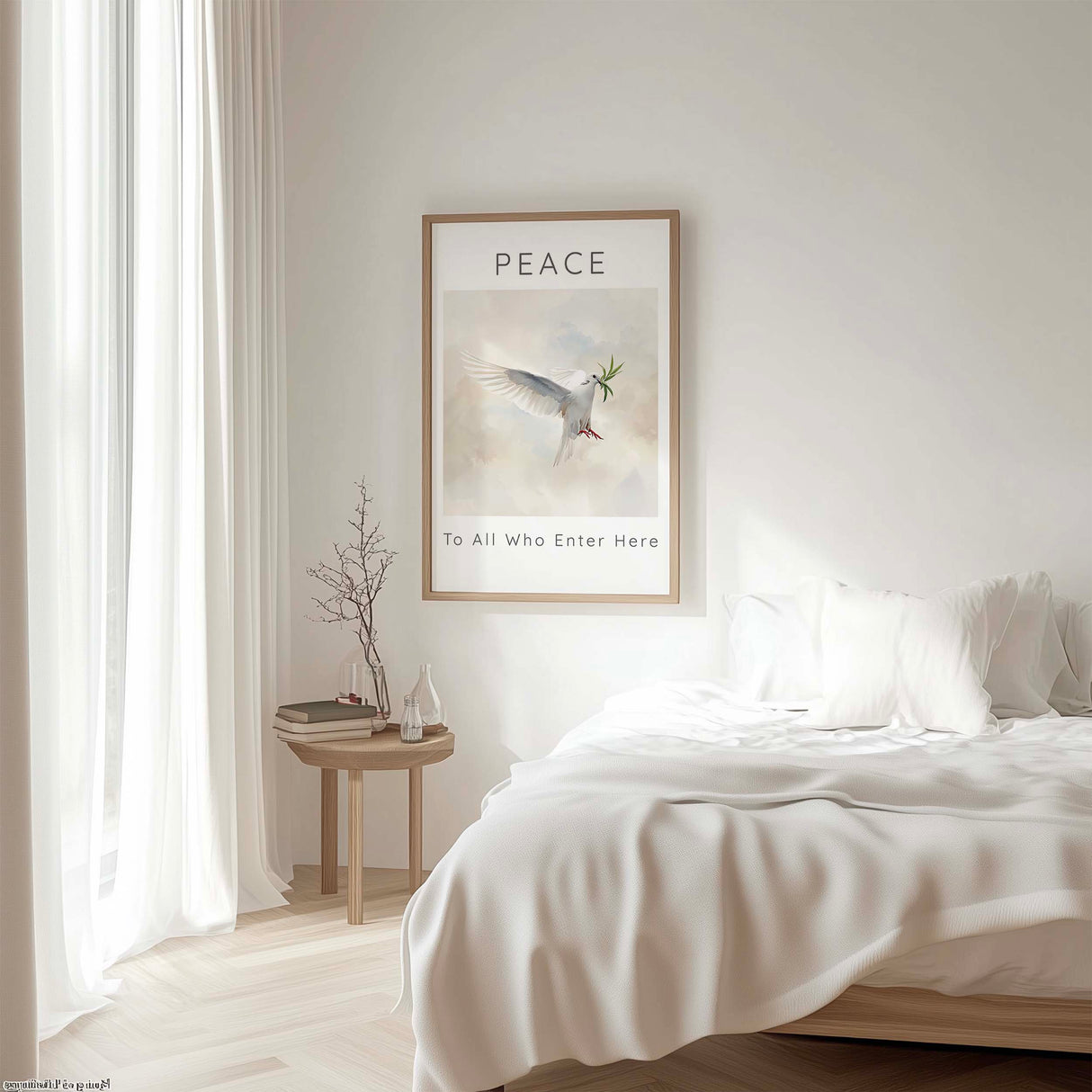 Peace To All Who Enter Here – Stylish home print with dove and olive branch.