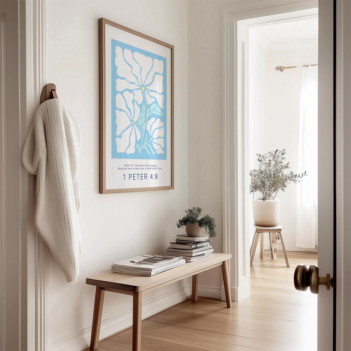 1 Peter 4:8 - Love covers a multitude of sins Christian wall art print with modern Matisse style flowers and soft blue home decor.