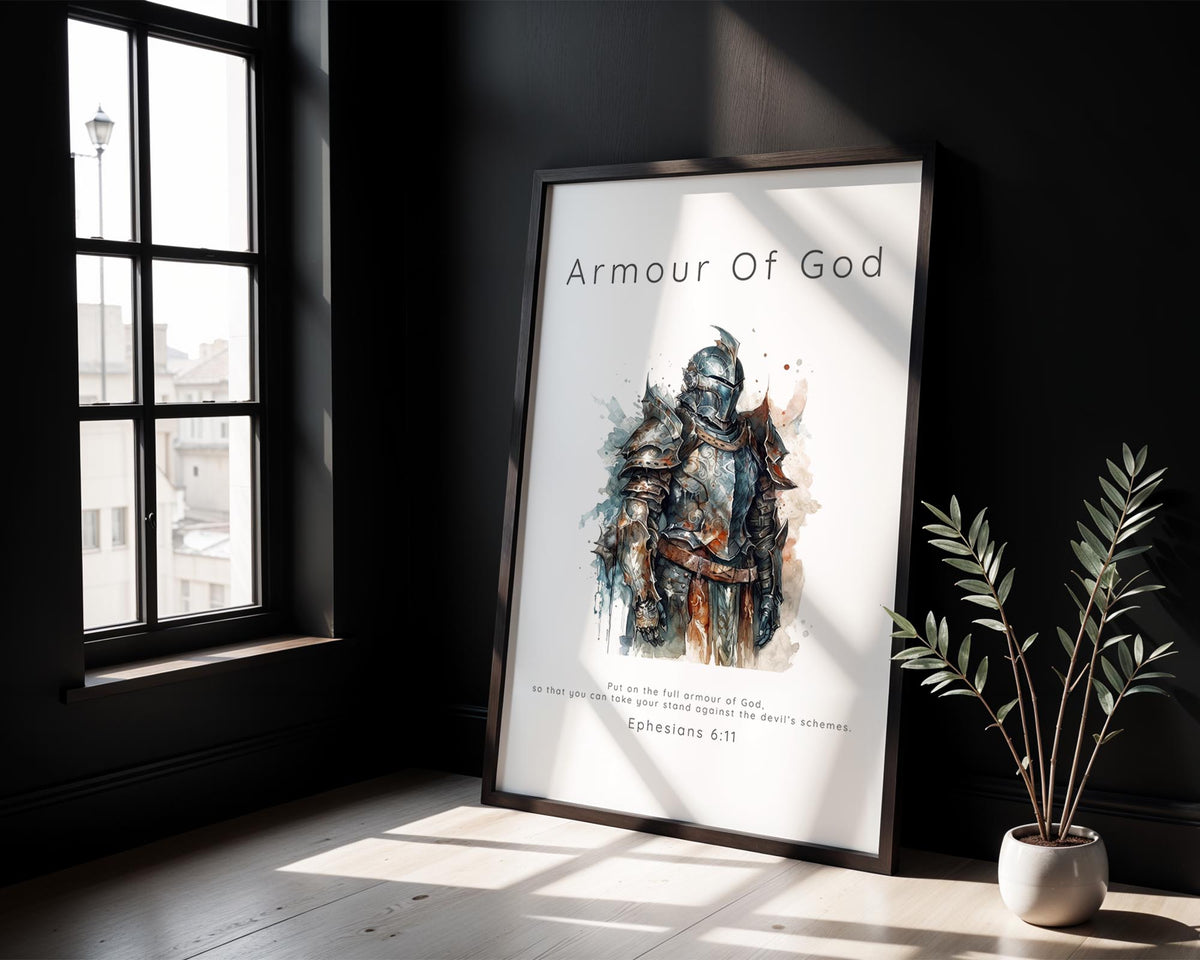Ephesians 6:11 - Inspirational Bible verse art featuring a strong warrior in armour.