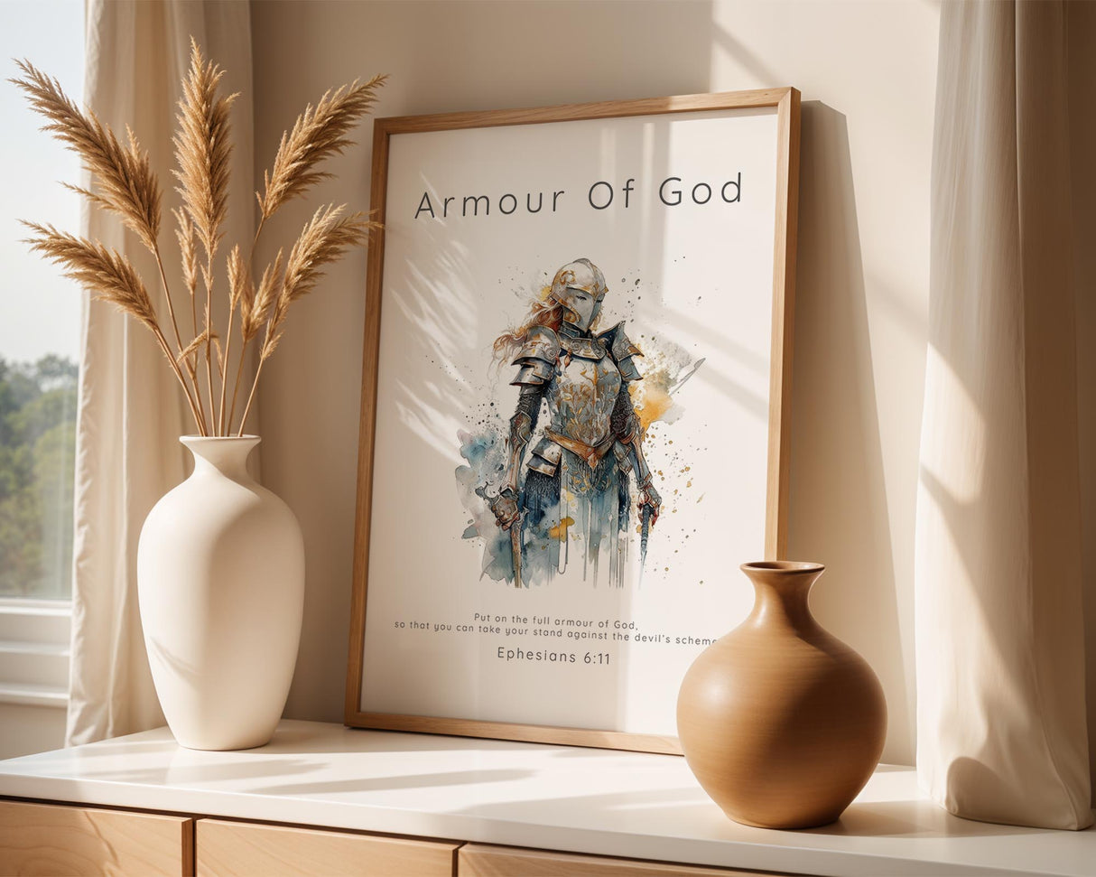 Ephesians 6:11 – Abstract female warrior Armour of God Christian wall art print.