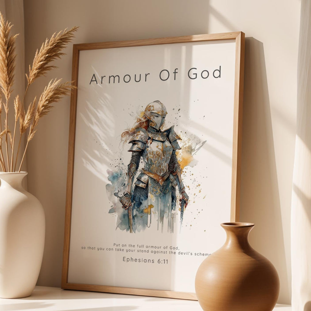 Ephesians 6:11 – Abstract female warrior Armour of God Christian wall art print.