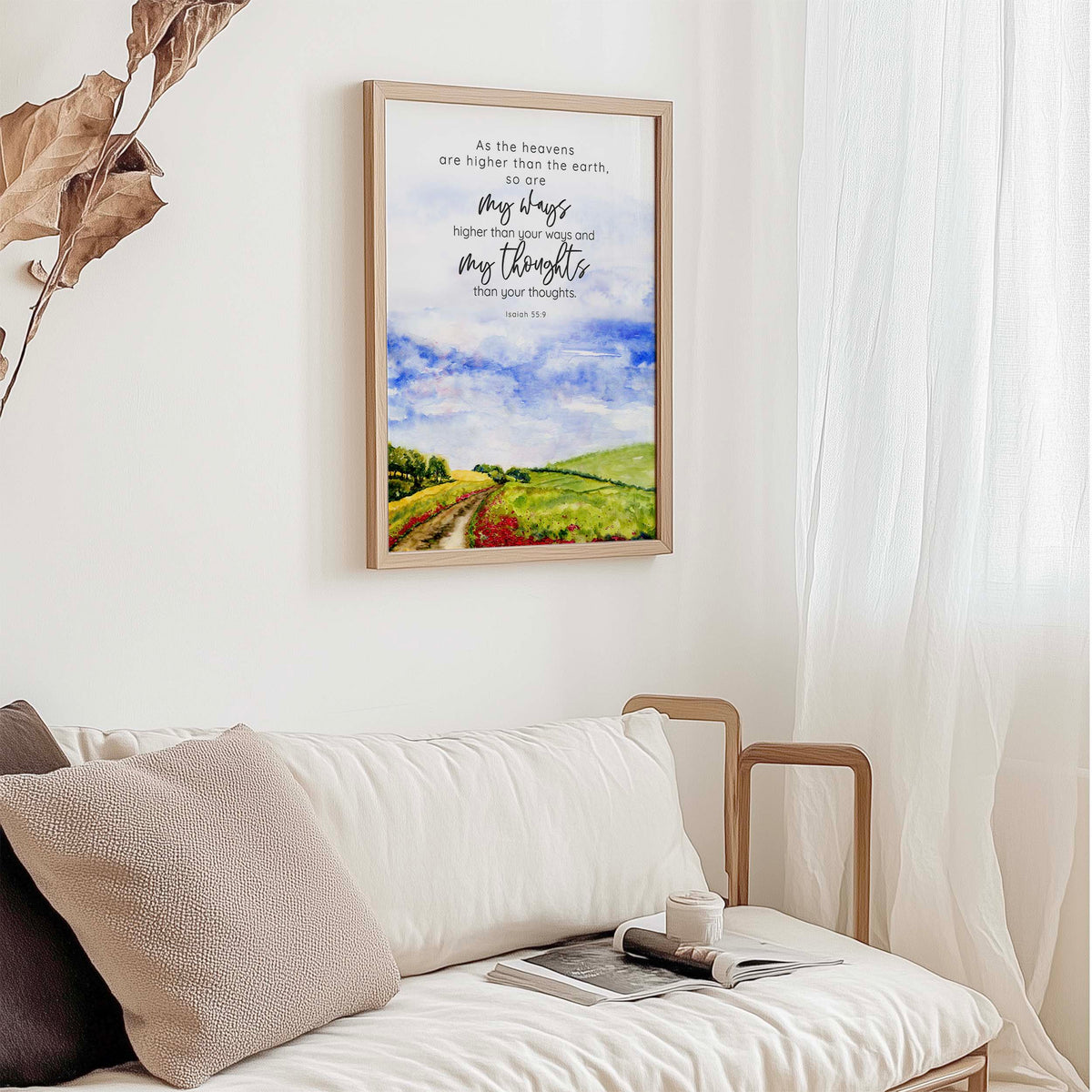 Isaiah 55:9 - As the heavens are higher than the earth Christian wall art print with English countryside landscape Bible verse decor.