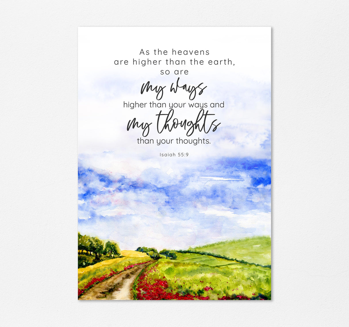 Inspirational artwork for Christian homes, As the heavens are higher wall print, Thoughtful gift idea: Bible verse landscape print