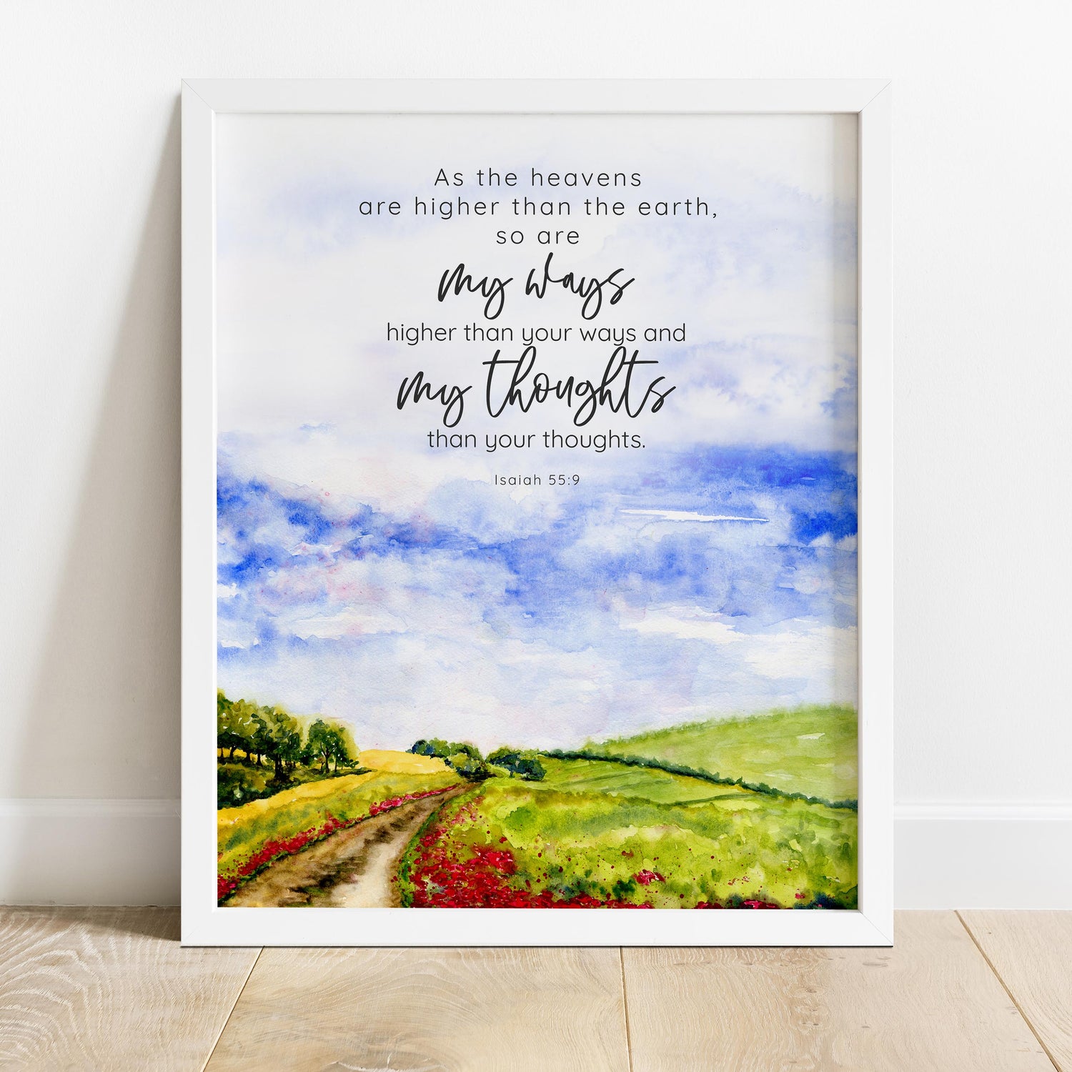 English countryside vista with spiritual quote, Reflective pathway artwork with biblical verse, Isaiah 55:9 verse print