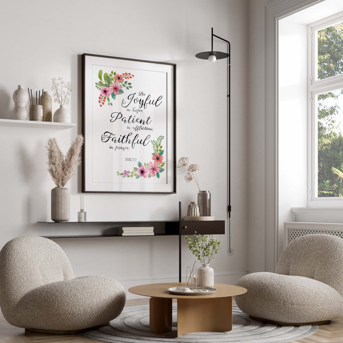 Floral Bible verse art for living room, Faith-inspired wall decor with flowers, Religious home accents with scripture