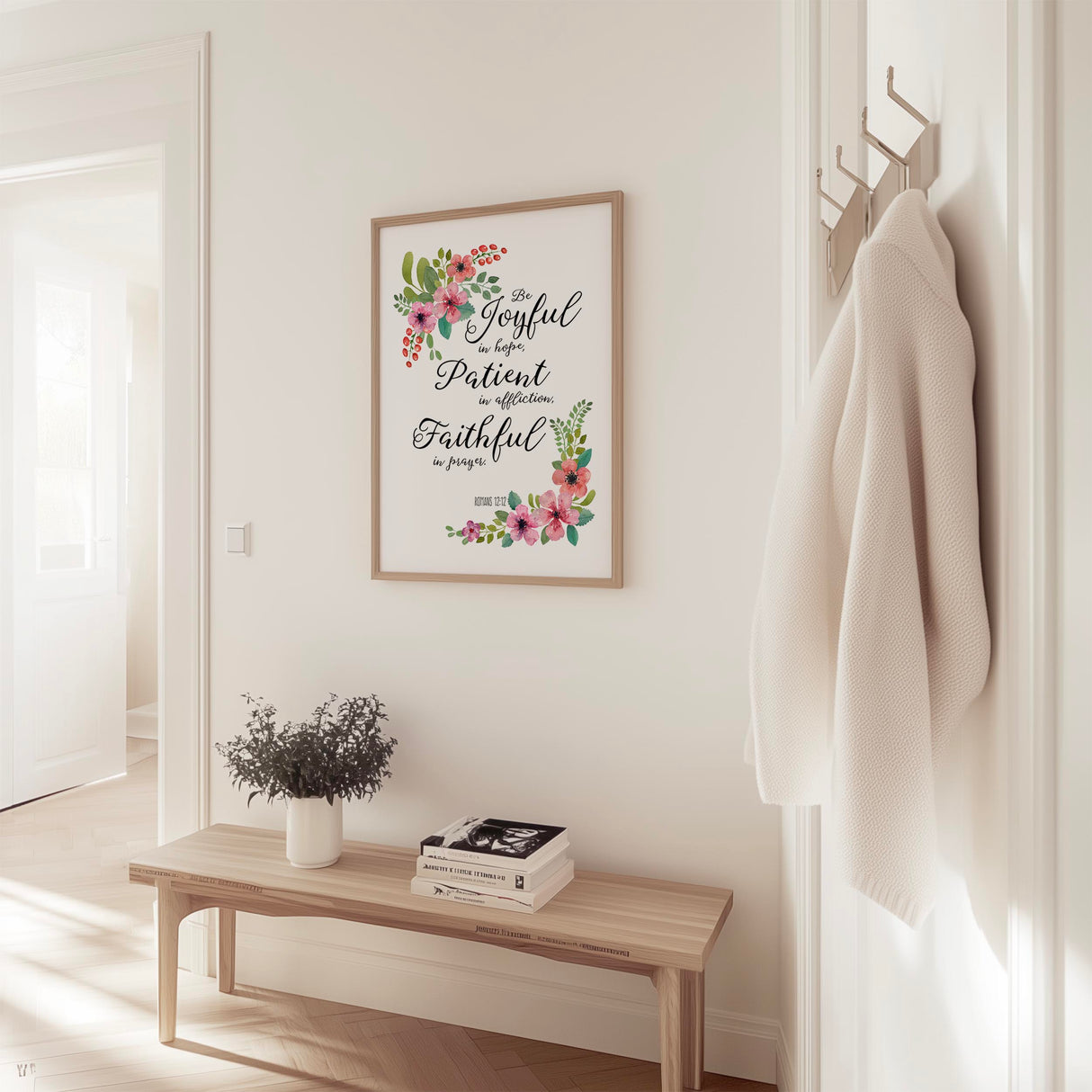 Romans 12:12 – Bible verse wall art featuring colourful flowers and scripture about hope, patience and prayer.