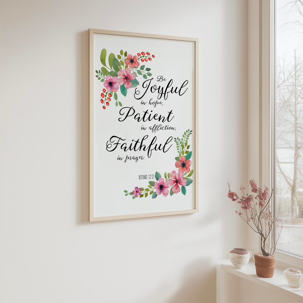 Romans 12:12 – Christian scripture wall art with floral themed design encouraging faith, perseverance and joy.