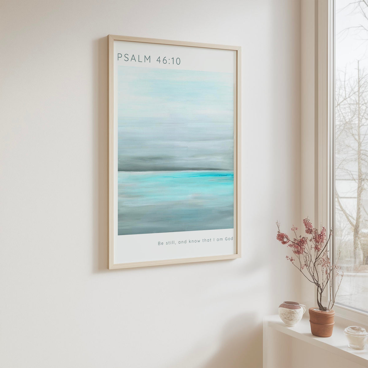 Psalm 46:10 - Christian scripture wall art print with tranquil seascape and calming Bible verse for home or prayer space.