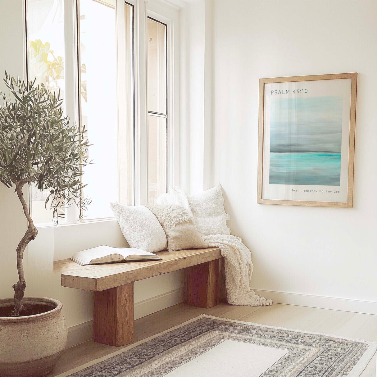 Psalm 46:10 - Be still and know Bible verse print with serene coastal artwork and faith filled Christian wall decor.