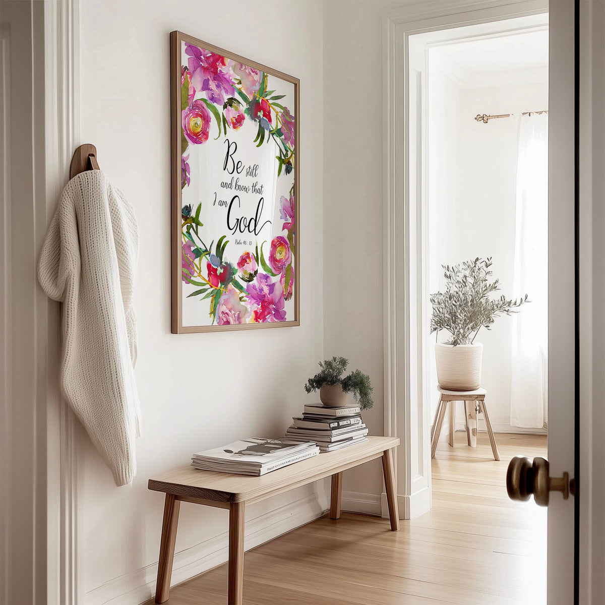 Psalm 46:10 - Be still and know that I am God Bible verse print featuring elegant pink florals, Christian wall decor.