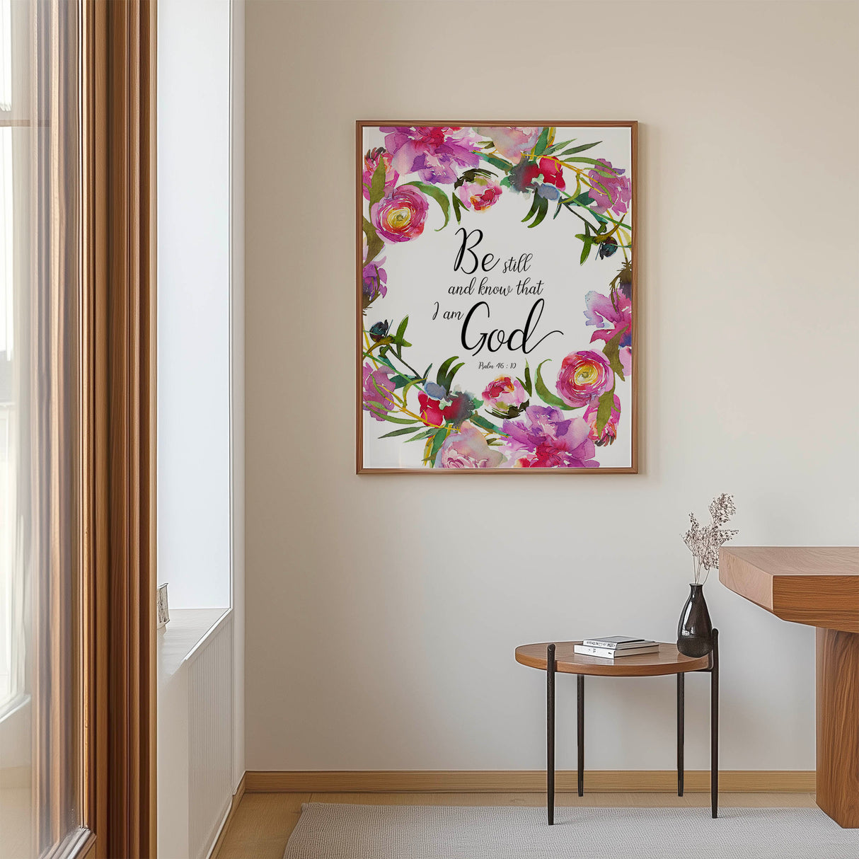 Psalm 46:10 - Be still and know that I am God Christian wall art print with delicate pink floral wreath, Bible verse decor.