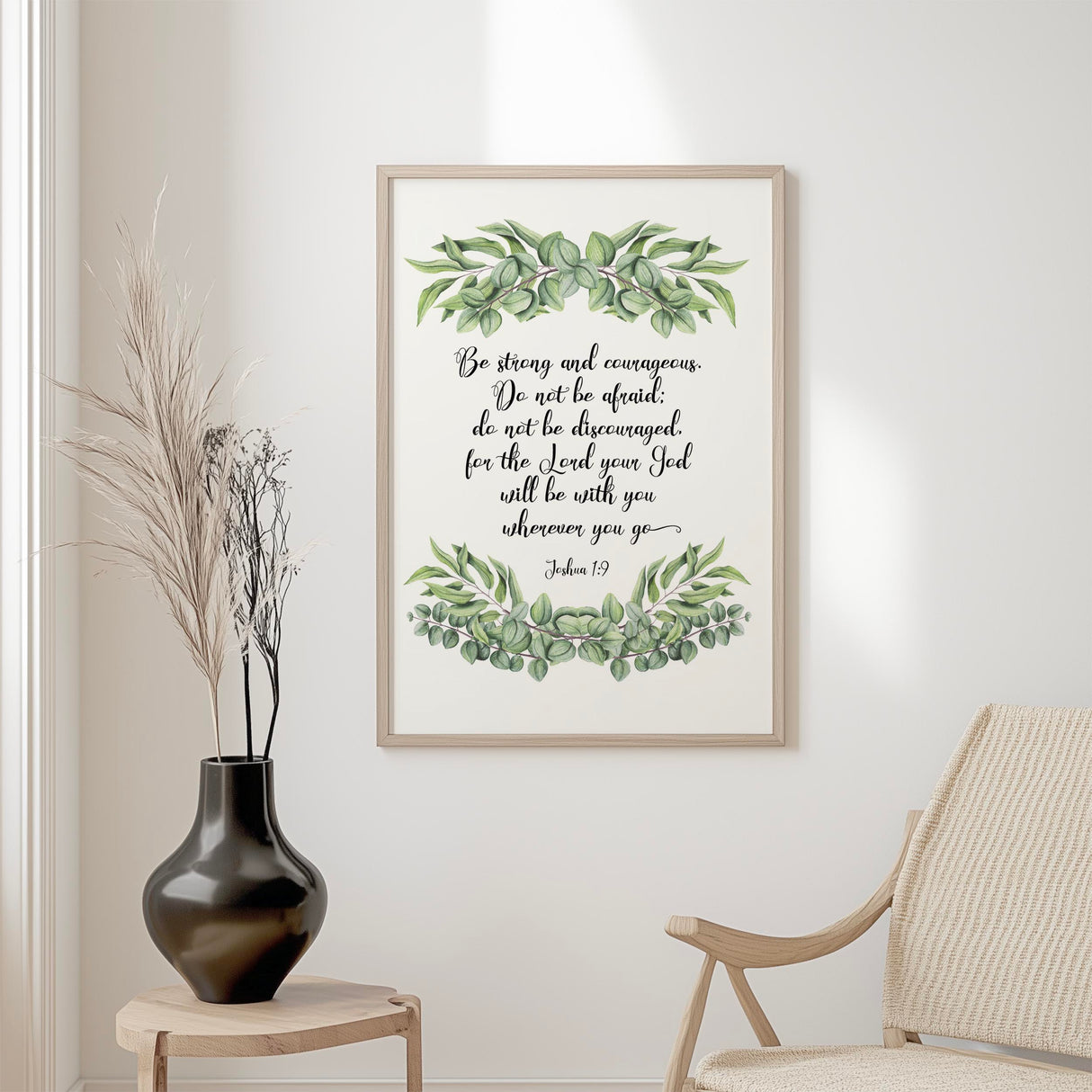 Joshua 1:9 – Bible verse wall art featuring leaf wreath and encouragement scripture.