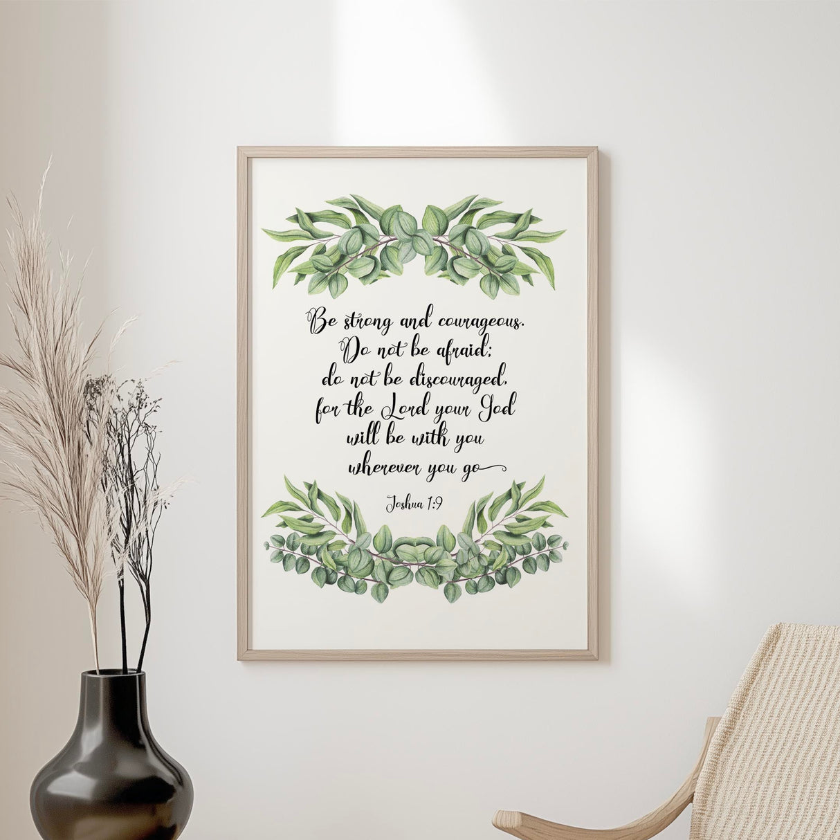 Joshua 1:9 – Bible verse wall art featuring leaf wreath and encouragement scripture.
