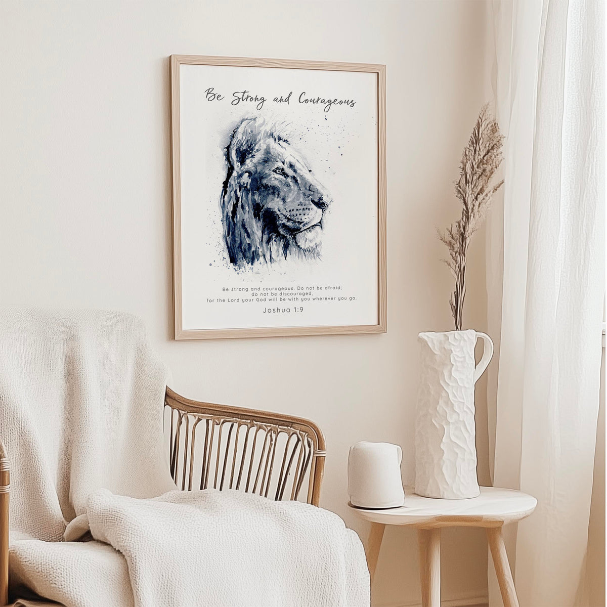 Joshua 1:9 – Black and white watercolour lion Christian wall art print.