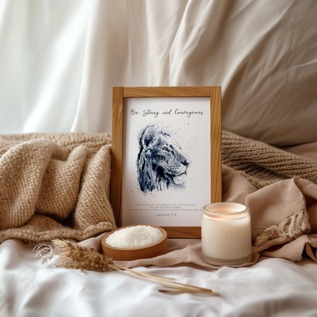 Joshua 1:9 – Inspirational lion scripture art for Christian home decor.