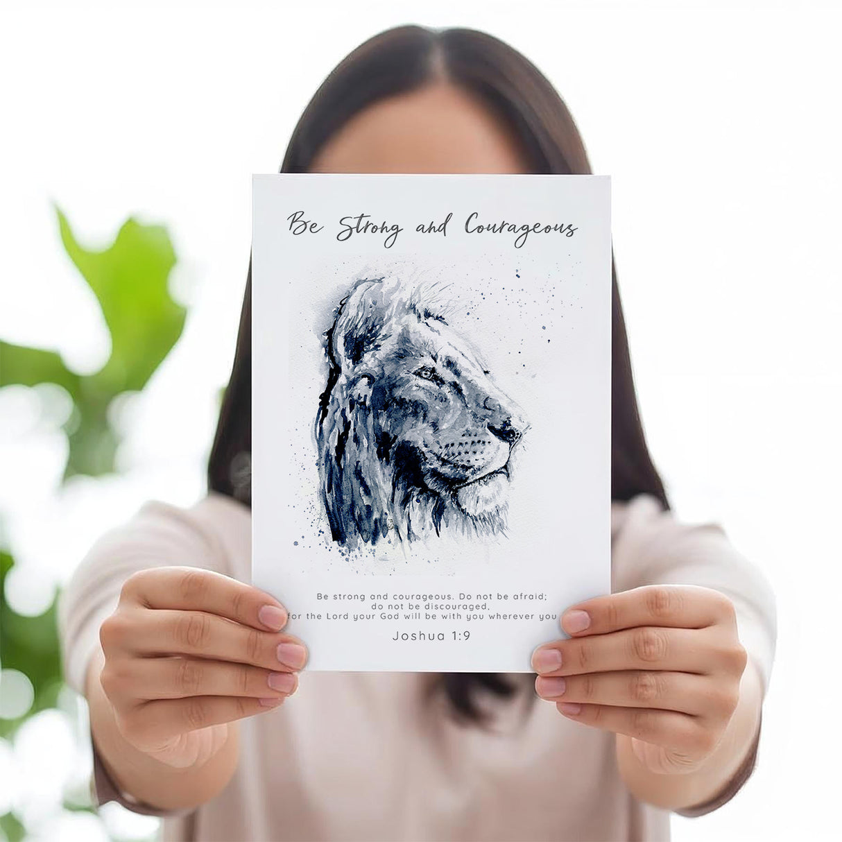 Joshua 1:9 – Inspirational Christian art print with a watercolour lion and message of strength and courage.