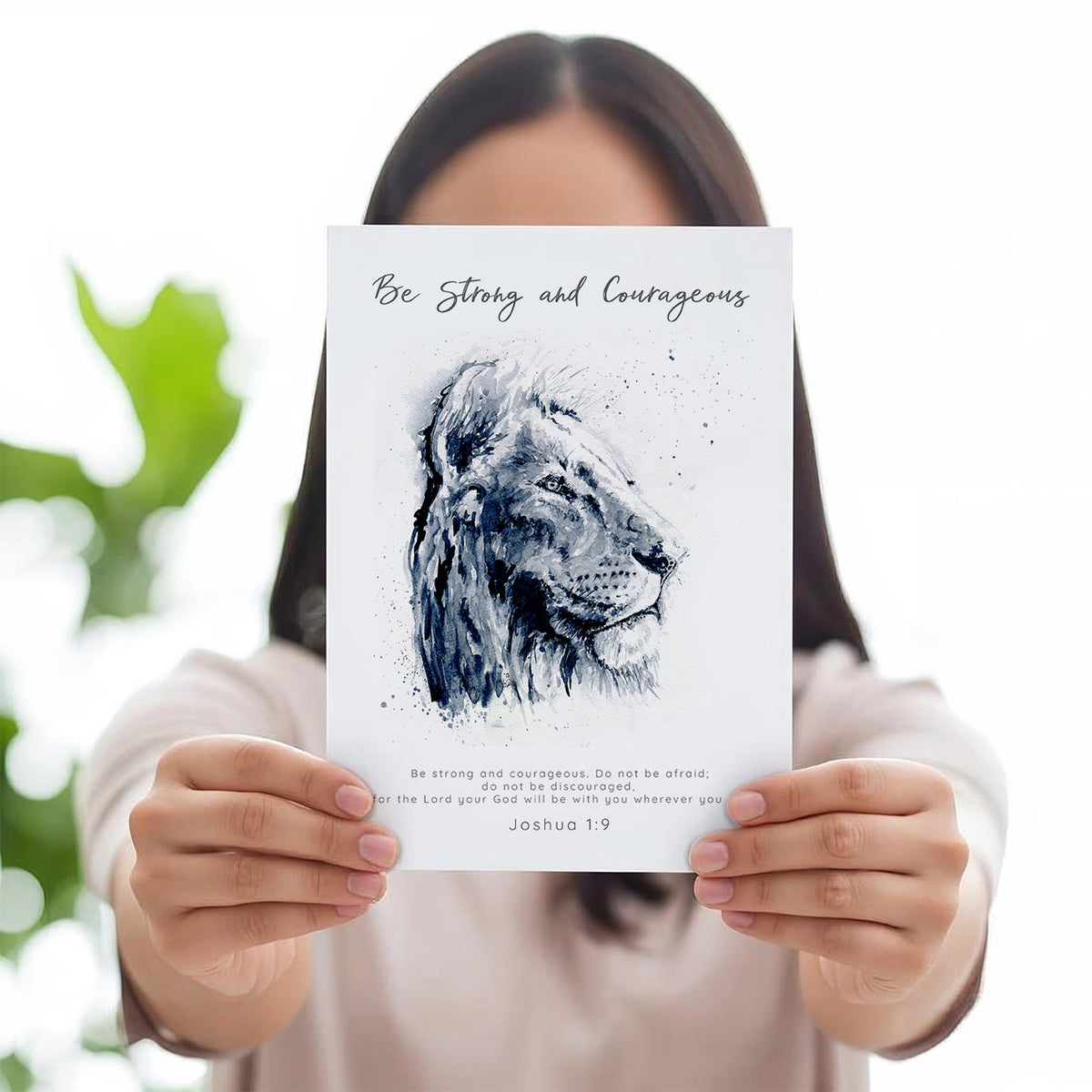 Joshua 1:9 – Inspirational Christian art print with a watercolour lion and message of strength and courage.