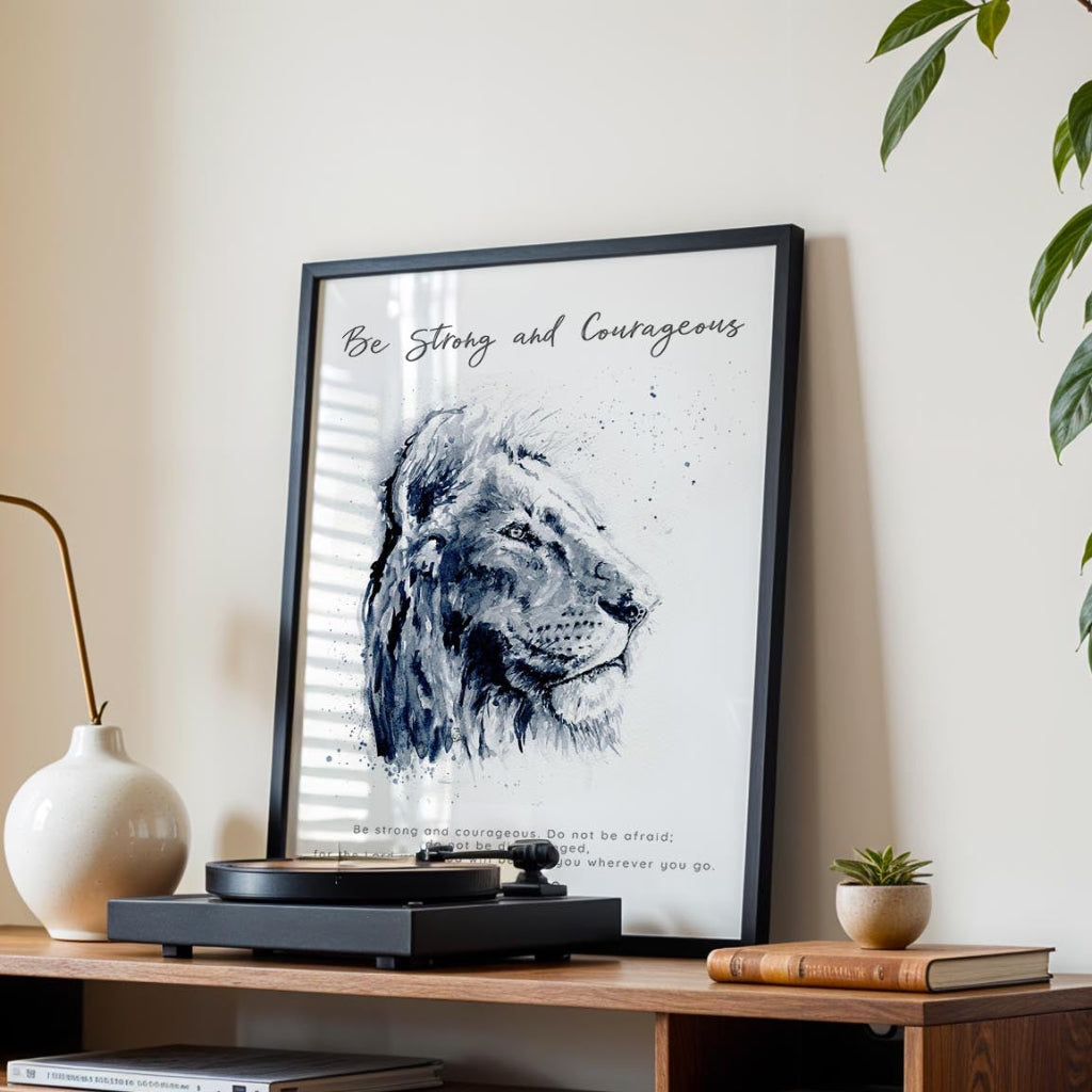 Joshua 1:9 – Courage and faith Bible verse print with lion profile.