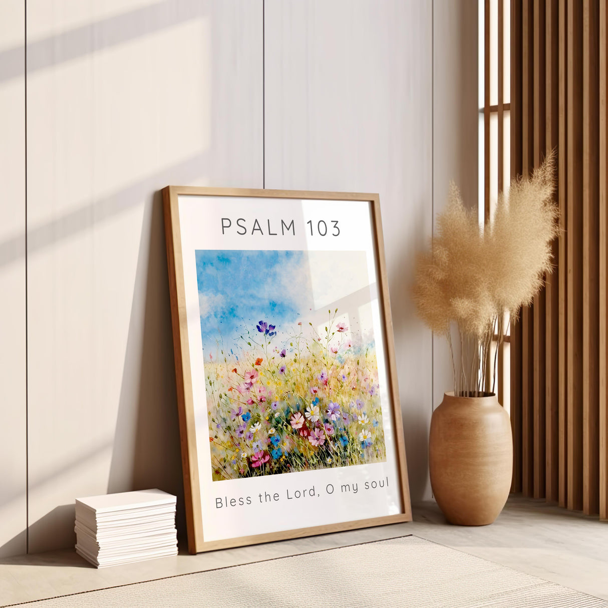 Psalm 103:1 – Christian wall art with floral meadow design.