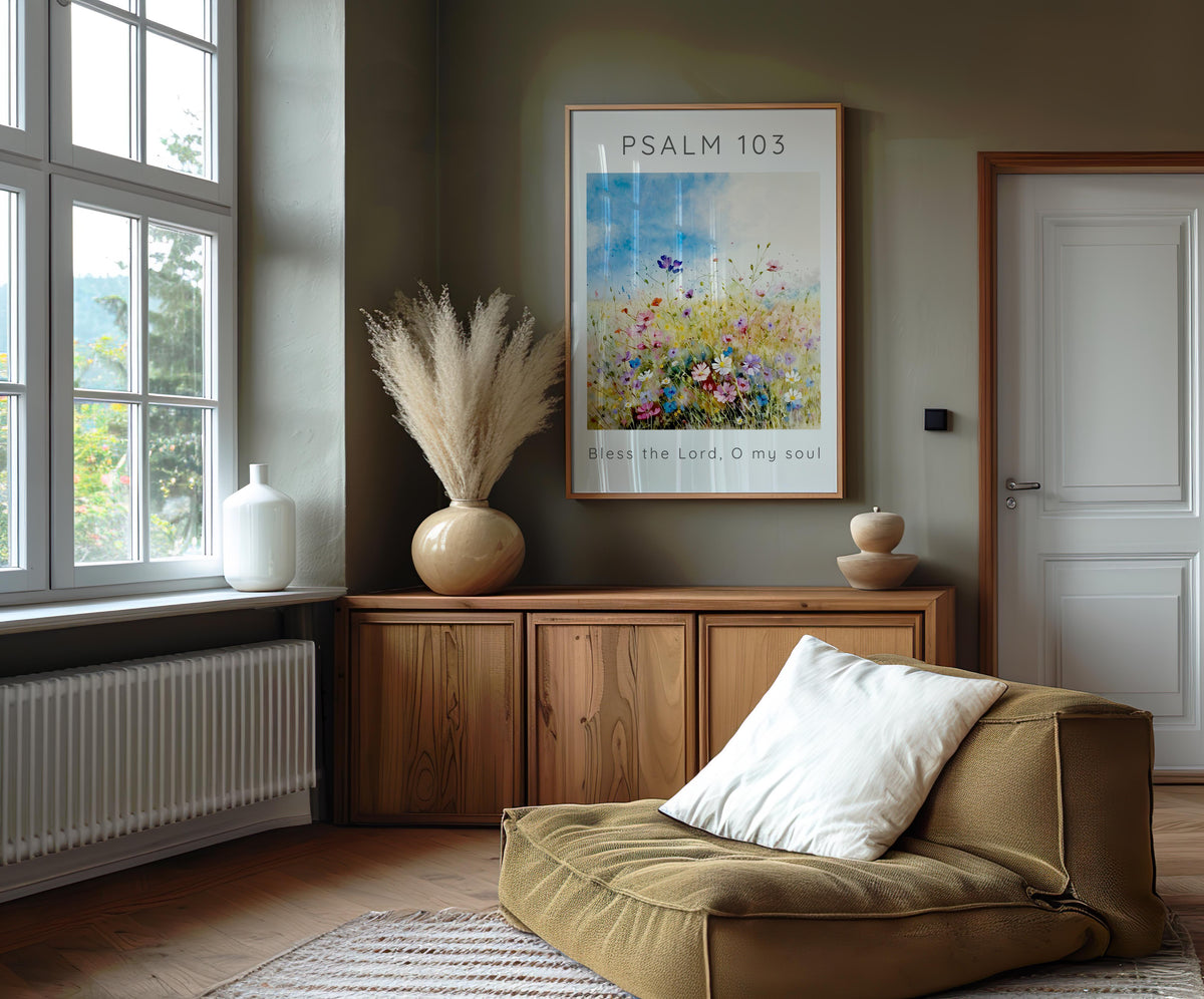 Psalm 103:1 – Peaceful meadow illustration with scripture.