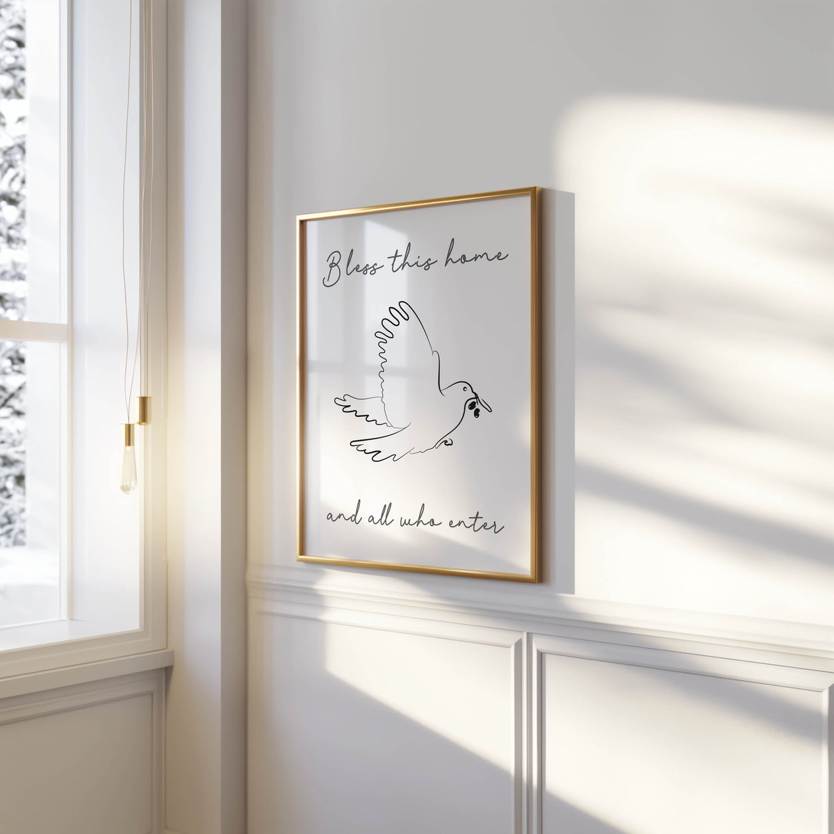 Bless This Home – Christian wall art with dove and olive branch line art symbolising peace, blessing and faith.