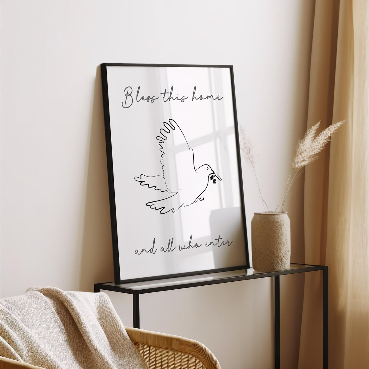 Bless This Home – Christian wall art print featuring minimalist dove illustration and blessing for the home.