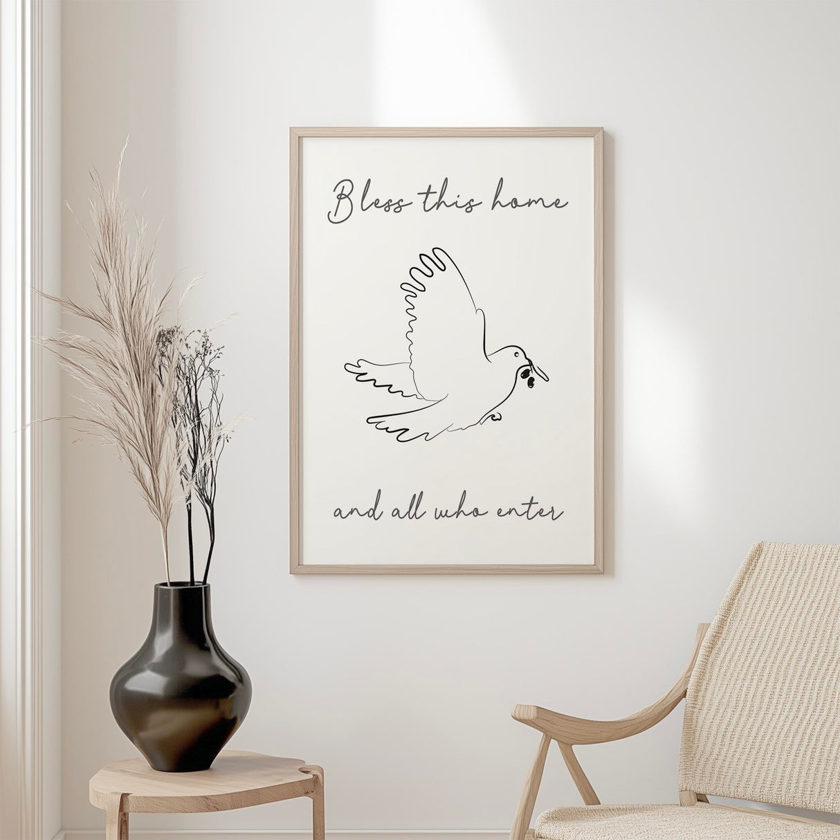 Bless This Home – Christian wall art with elegant dove line art and olive branch design offering peace and blessing for the home.