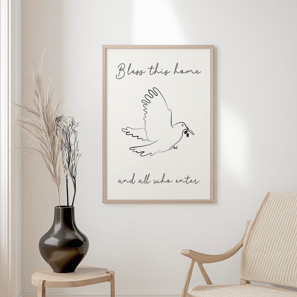 Bless This Home – Christian wall art with elegant dove line art and olive branch design offering peace and blessing for the home.