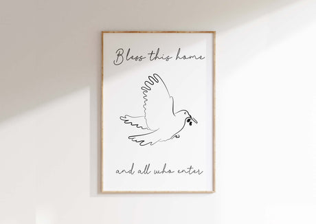 Bless This Home Christian Wall Art Print Entry Way Decor for Hallway, Christian home decor with dove print, dove line art