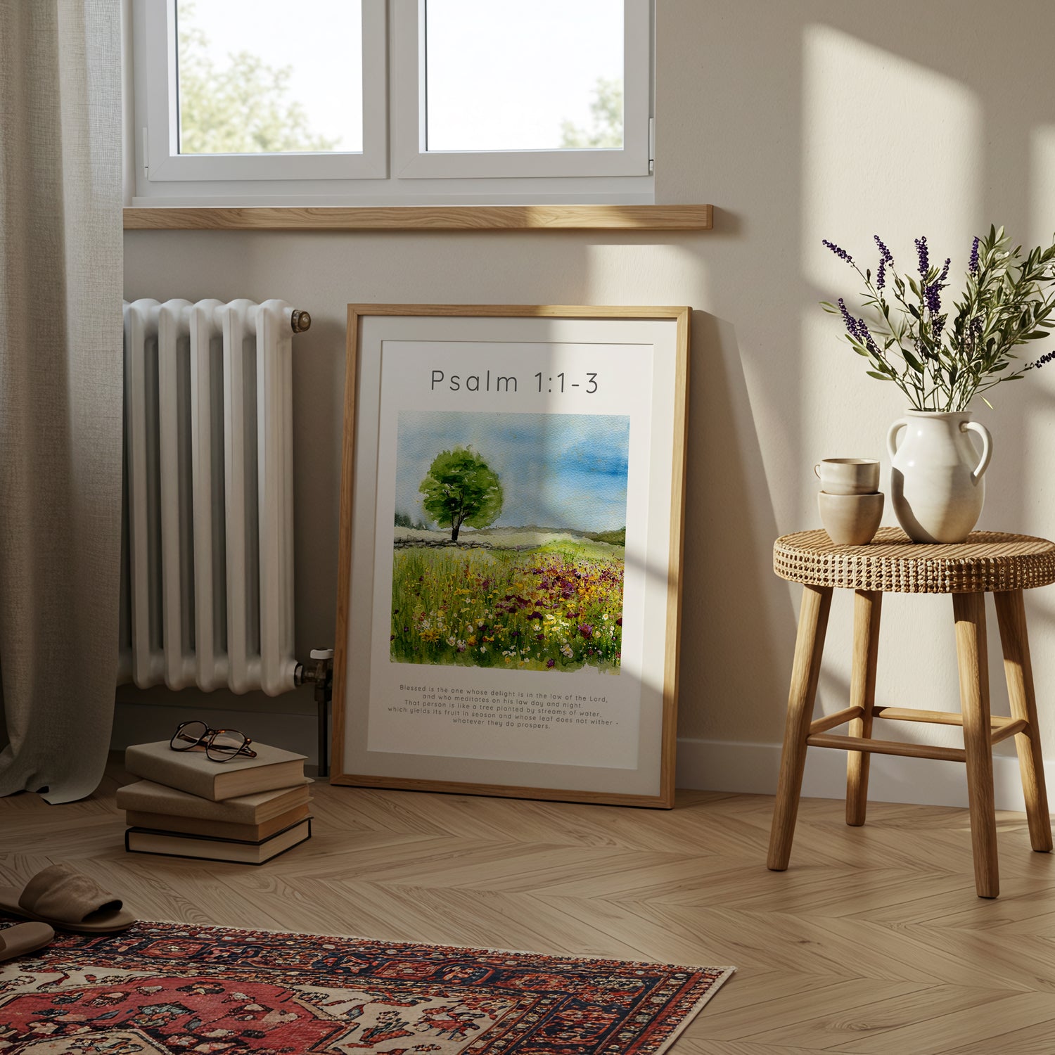 Psalm 1:1-3 – Scripture wall print symbolising strength and peace.