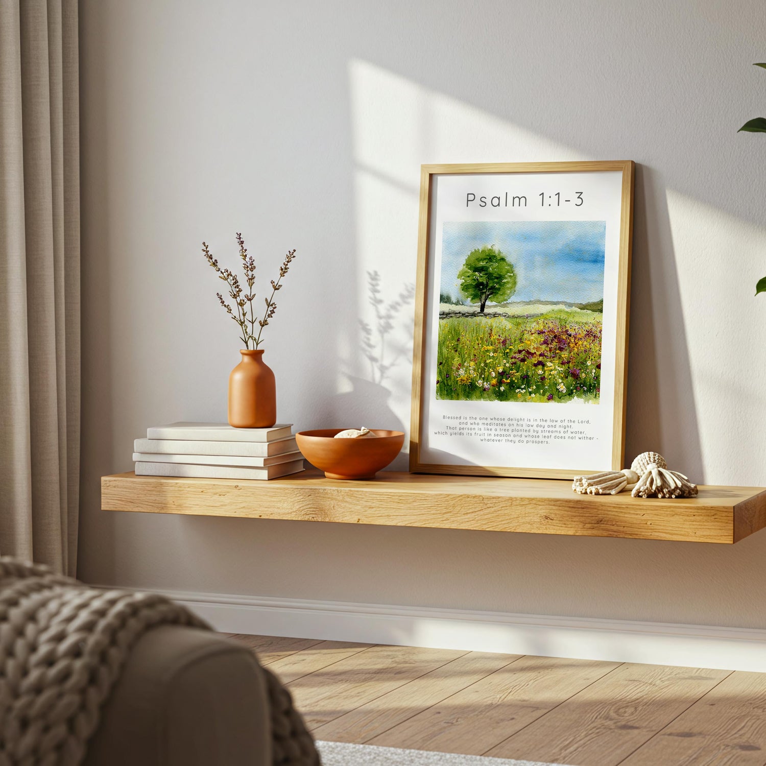 Psalm 1:1-3 – Tree planted by water Christian print with verse text.