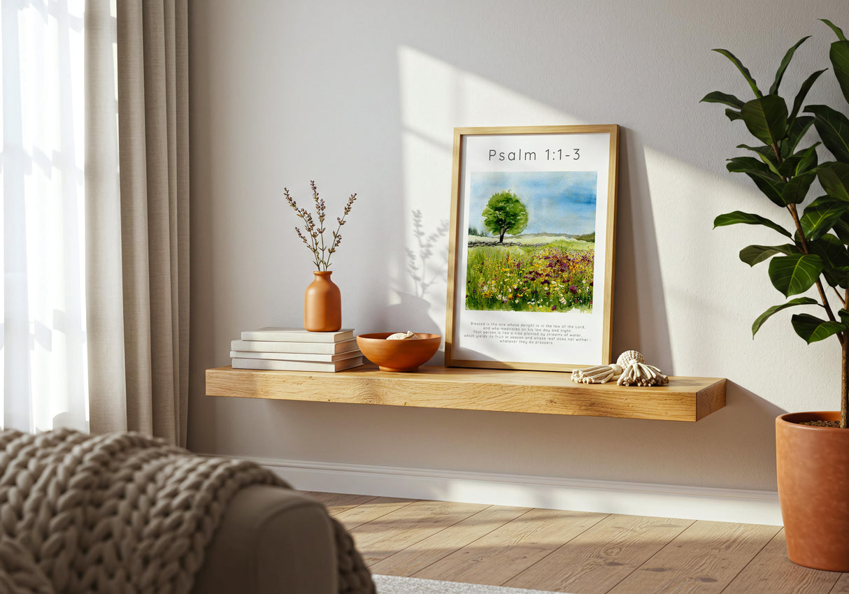 Psalm 1:1-3 – Tree planted by water Christian print with verse text.