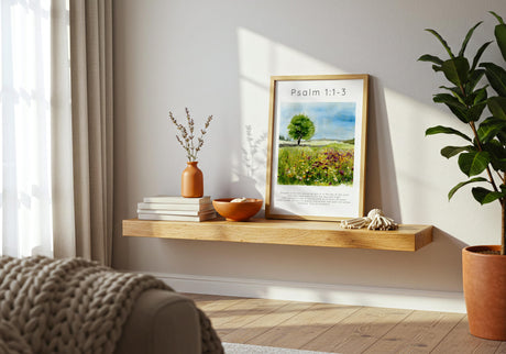 Psalm 1:1-3 – Tree planted by water Christian print with verse text.