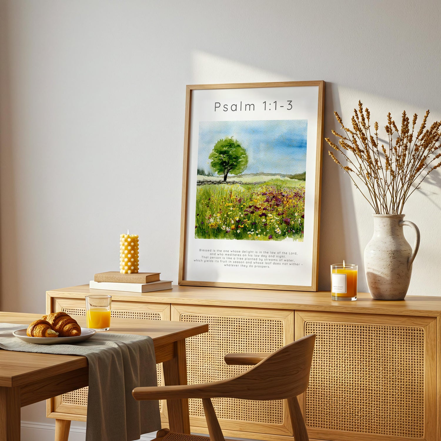 Psalm 1:1-3 – Elegant Christian decor for prayer or meditation space.