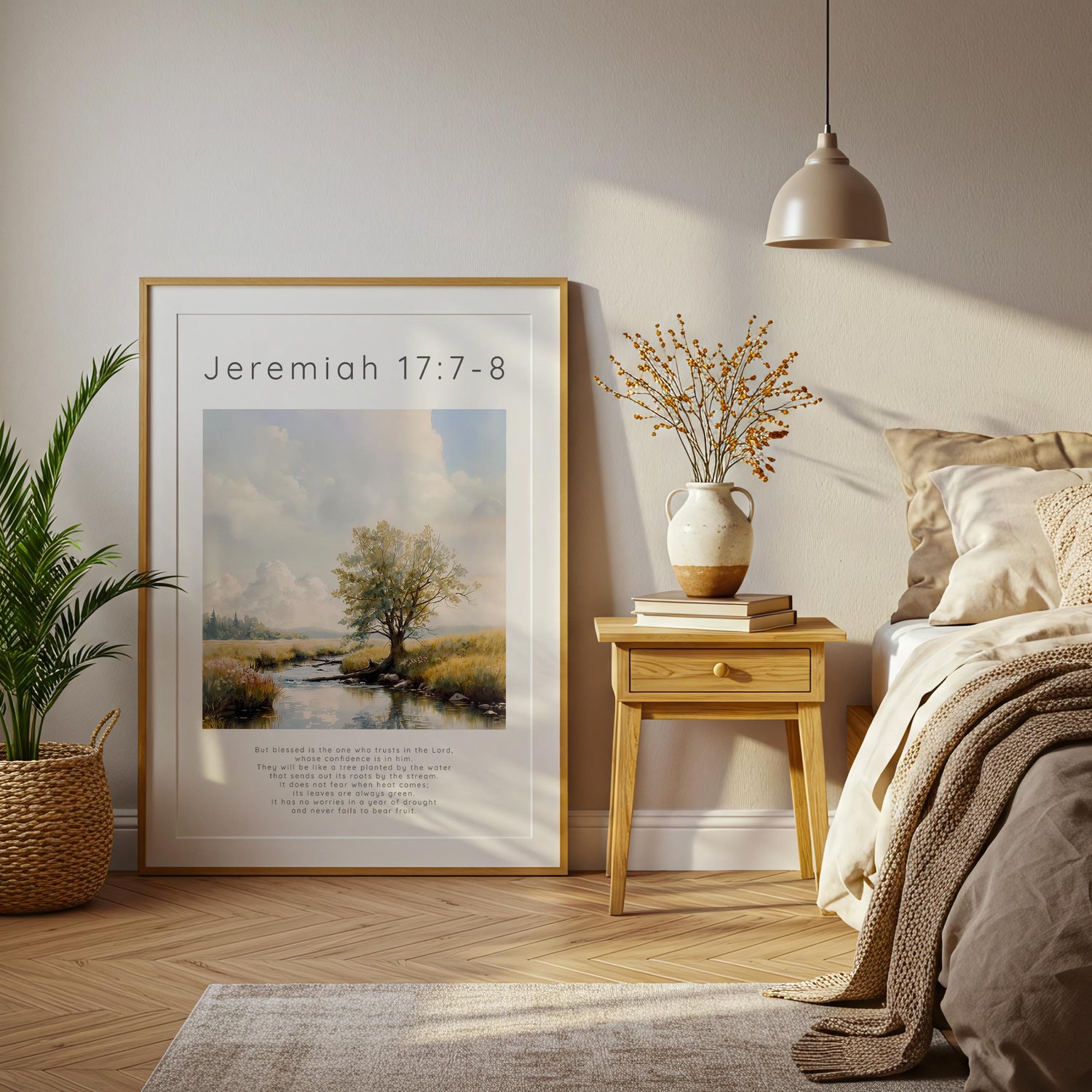 Jeremiah 17:7-8 – Bible verse art showing calm countryside landscape.